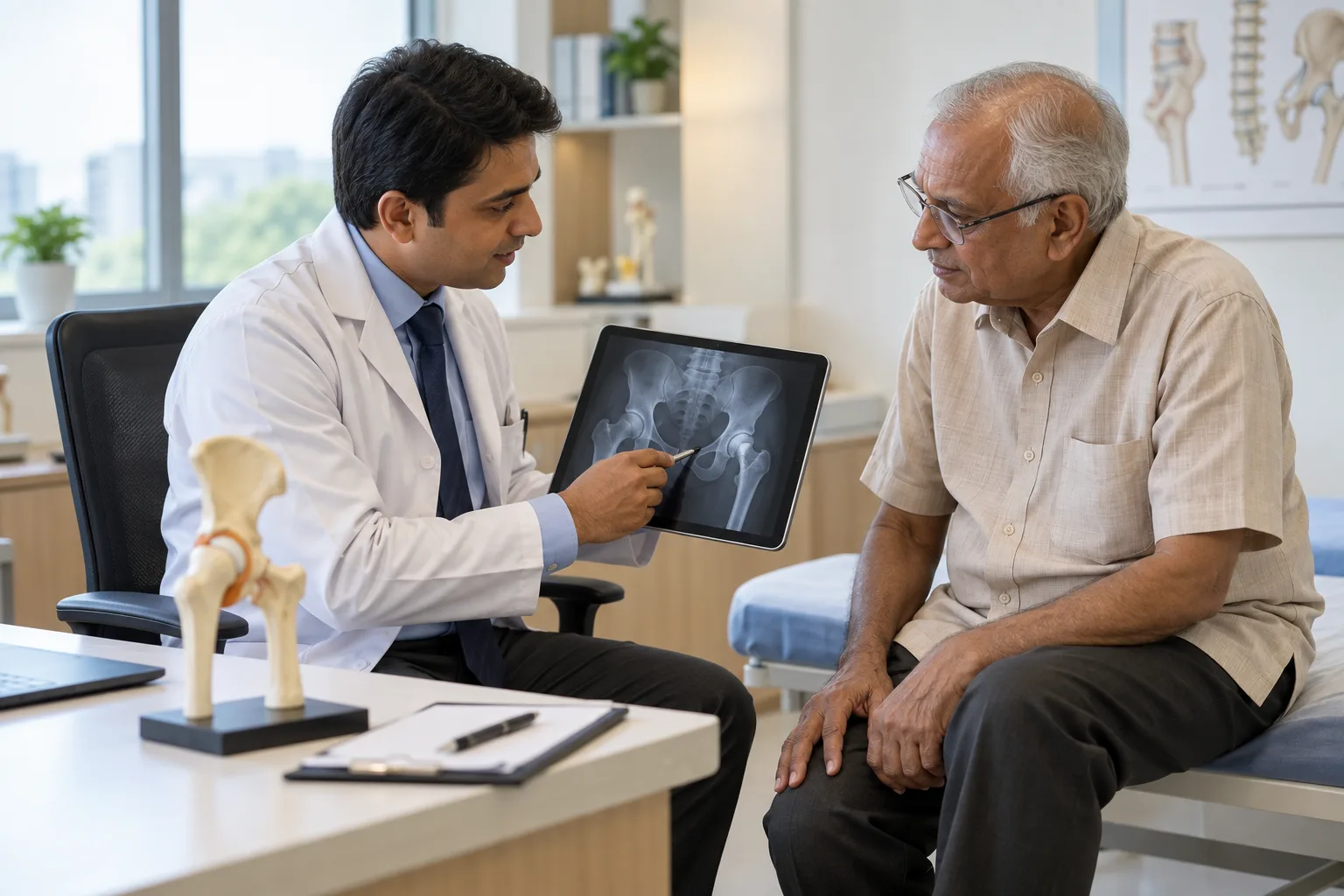 Clinician and patient discussing care, representative hip consultation imagery