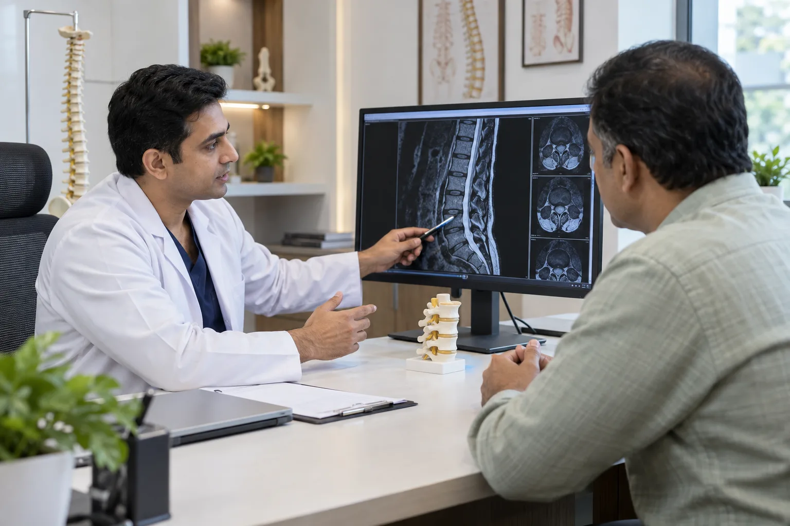 Indian patient discussing spine care with orthopaedic team
